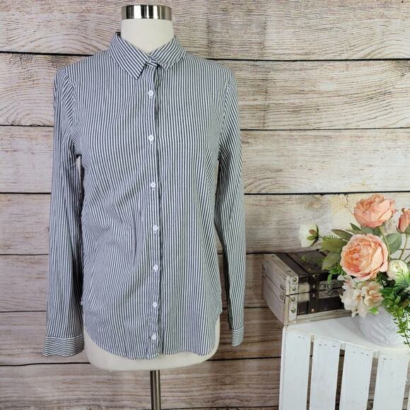 Elodie‎ Button Down Gray White Pinstsripe Blouse Top Large - Picture 1 of 6